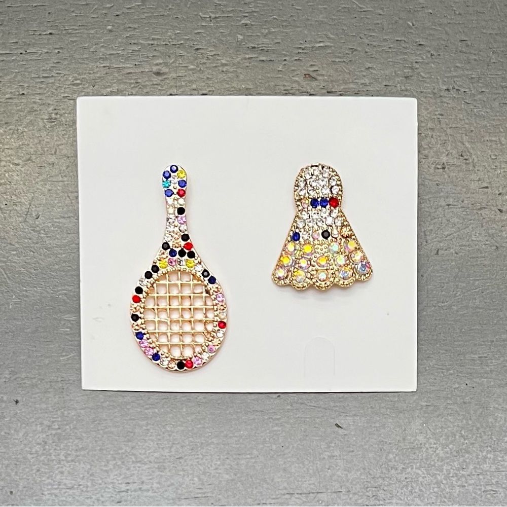 🎾Gold Badminton Racket Set with Multicolor Rhinestone Crystals 2” Earrings